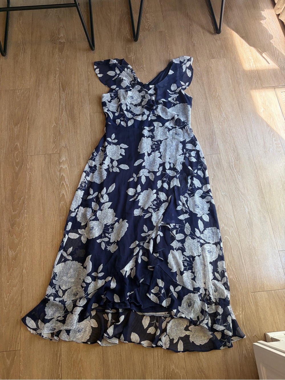 London Times Navy and White Floral High-Low Maxi Dress